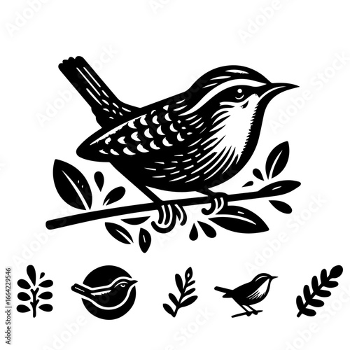 Illustration of a carolina wren perched on a branch with additional bird and leaf elements below it