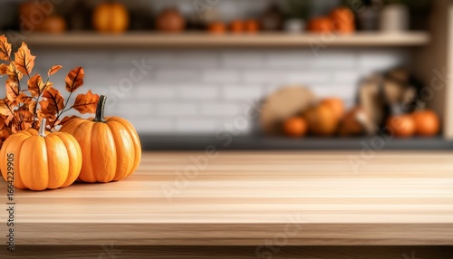 Fototapeta Naklejka Na Ścianę i Meble -  Wood table with copy space in autumn kitchen with pum. Rustic timber surface blank area fall cookery interior gourd season thanksgiving backdrop tabletop cuisine home october