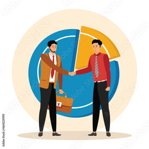 Market share or agreement concept, two Businessmen Shaking Hands Before a Circular Financial Chart.