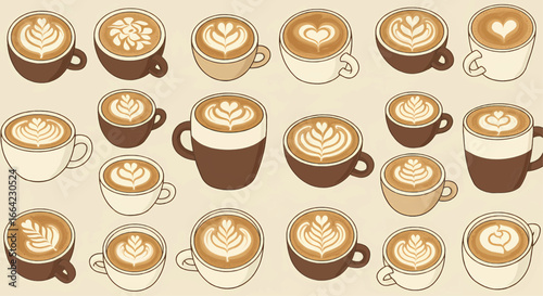 Collection of Coffee Cups with Latte Art in Various Designs and Styles