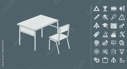 Isometric School Desk and Chair Icon Set