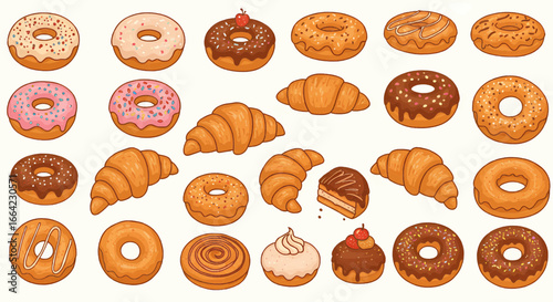 Delicious Array of Donuts, Croissants, and Pastries A Delightful Treat Illustration