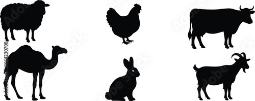 Farm animal silhouettes, sheep, cow, goat, camel, chicken, rabbit icons, livestock graphic design, agriculture illustration, domestic animals vector art