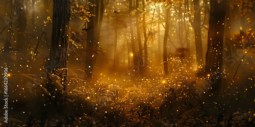 Magical forest bathed in golden light with glowing particles, evoking wonder and enchantment.