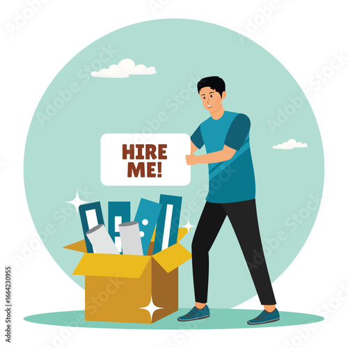 Hire me looking for job concept, unemployed businessman holding sign hire me to employer.