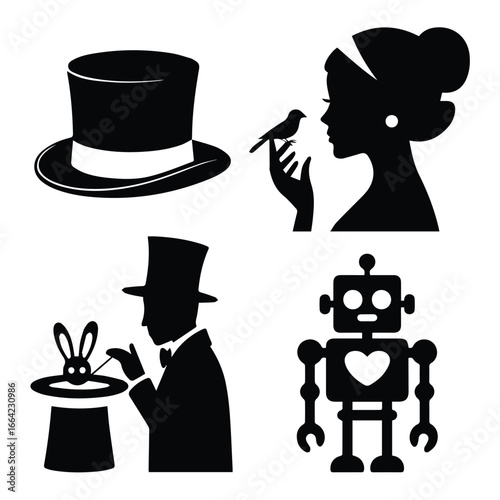 Black silhouettes of a top hat, woman with bird, magician with rabbit, and a robot in a vector image