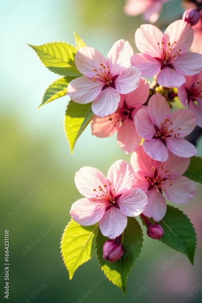 Obraz premium Pastel pink blossoms on a tree, vibrant green leaves, soft sunlight , natural, romantic