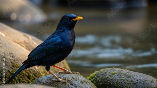 Mesmerizing blue bird perched near flowing river stream rocks with natural light and natural
