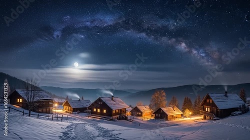Winter Nightscape: Cozy Village Illuminated Under the Milky Way's Celestial Glow Majestic Scene
