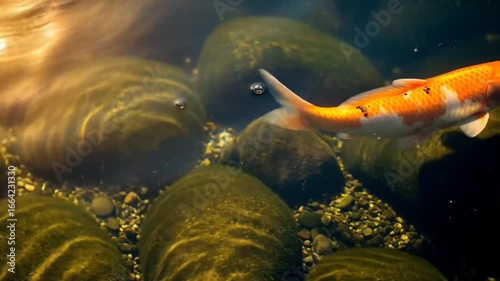 Graceful movements of a koi carp swimming through a pond with sunlight reflections, showing a