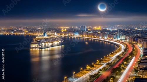 Nighttime voyage shimmering city lights reflecting the water cruise ship gliding along illuminated