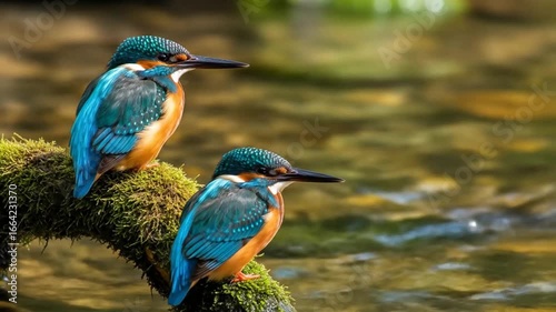 Enchanting Kingfishers Pair Perched on Mossy Branch near Flowing River, Nature's Beauty Unveiled