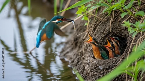 Kingfisher's Tender Care: A Mother Bird Feeds Her Young in a Riverside Nest Habitat