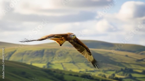 Red Kite in Flight Over Green Hills: A Dynamic Wildlife Sequence Capturing Bird