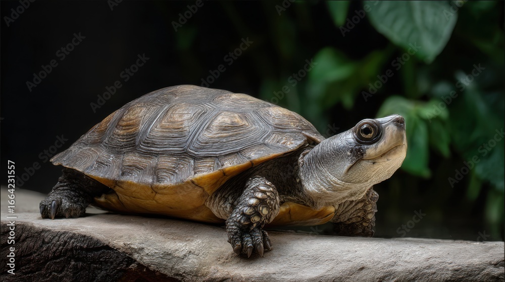 Obraz premium Close-Up of a Turtle Resting on a Log Surrounded by Greenery