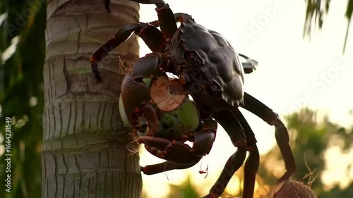 Crab on palm tree eating coconut
