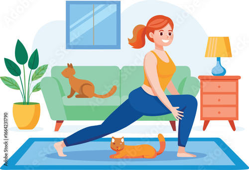A woman is doing yoga at home with her cats isolated on white background to improve her flexibility