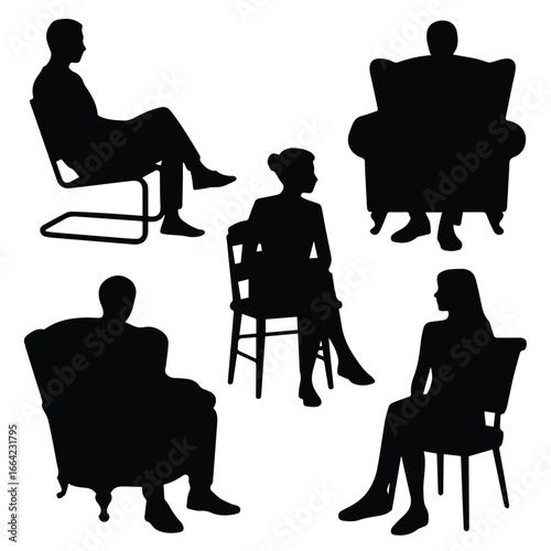 Silhouettes of people sitting in various chairs in different poses and orientations in a simple composition