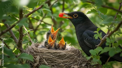 A blackbird feeding its chicks in their nest, creating a heartwarming wildlife nature scene