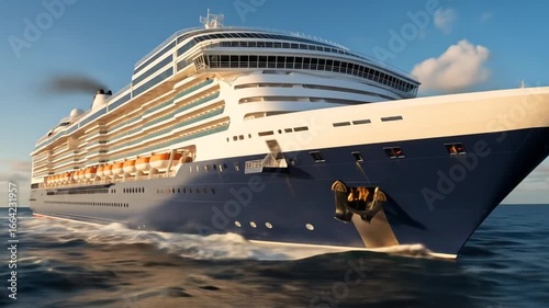 Majestic cruise ship gliding through open ocean, wave-splashed bow view, travel and vacation video