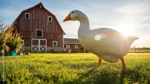 Peaceful Farm Life: White Goose Strolling Through Green Pasture with Barn Backdrop in Golden