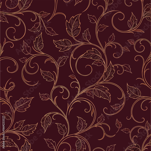 Seamless Pattern, Elegant floral pattern with swirling vines and leaves on a rich maroon background Stock royalty free.
