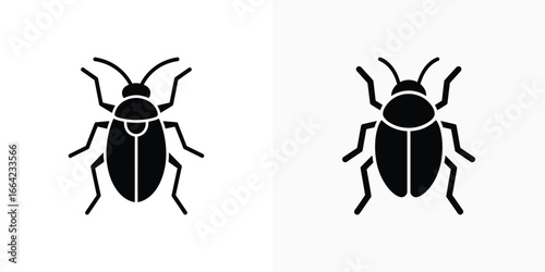 Two Simple Black Beetle Icons with Antennae and Six Legs Isolated on White