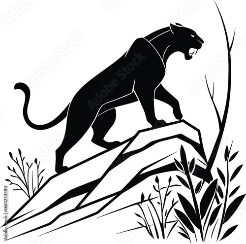 Majestic Panther Silhouette Roaming Atop Rocky Terrain Among Thickets A Captivating Monochromatic Wildlife Illustration Embodying Strength And Wilderness