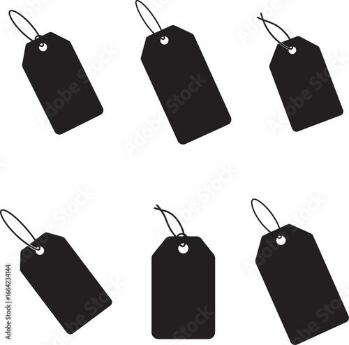Six black blank price tags with string
