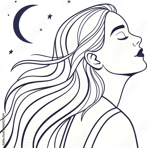 Serene Woman Gazing at the Moonlit Sky A Minimalist Line Art Portrait Celebrating Feminine Beauty and Tranquility