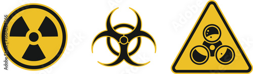 Radiation hazard symbols, biohazard warning signs, toxic chemical danger icons, nuclear safety labels, hazardous material signs, environmental danger symbols, safety warning icons