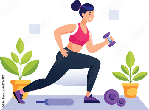 Woman doing lunges with dumbbells isolated on white background, fitness and healthy lifestyle concept