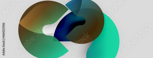 Abstract shapes overlap, creating vibrant color blends. Teal, brown, blue hues dominate neutral background. Smooth gradients define forms.