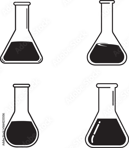 Four black and white flasks with liquid