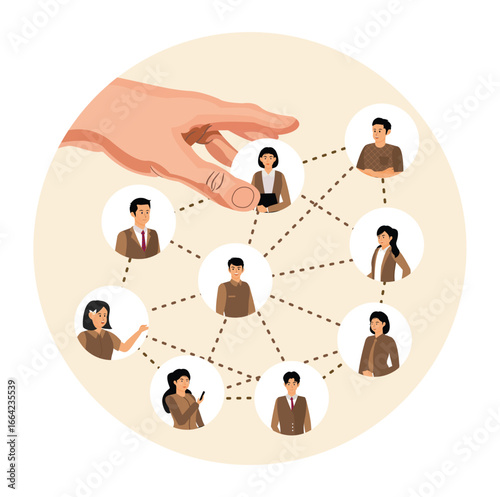 Employee or staff management concept. Businessman HR put people on team or group connecting line.