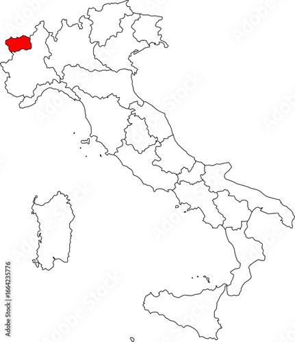 Map of Italy highlighting the autonomous Aosta Valley region. Perfect for projects on the Alps, Mont Blanc, hiking, and its unique bilingual culture.