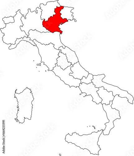 Map of Italy highlighting the Veneto region. Perfect for projects on Venice, its historic canals, the Dolomites, and the renowned Prosecco wine regio