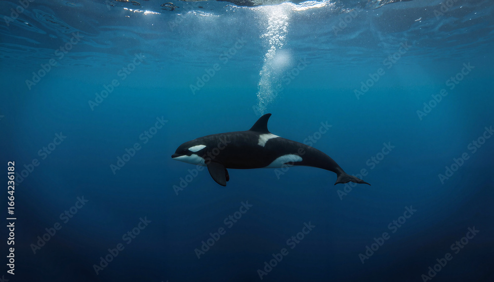 Naklejka premium Orca whale diving deep in open ocean, marine beauty exploration