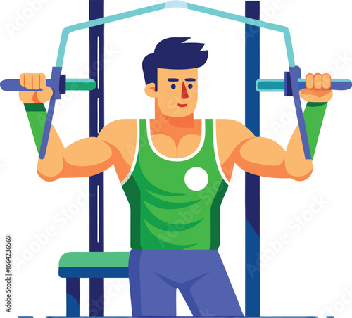 Man doing lat pulldown exercise on machine isolated on white background for fitness and strength training