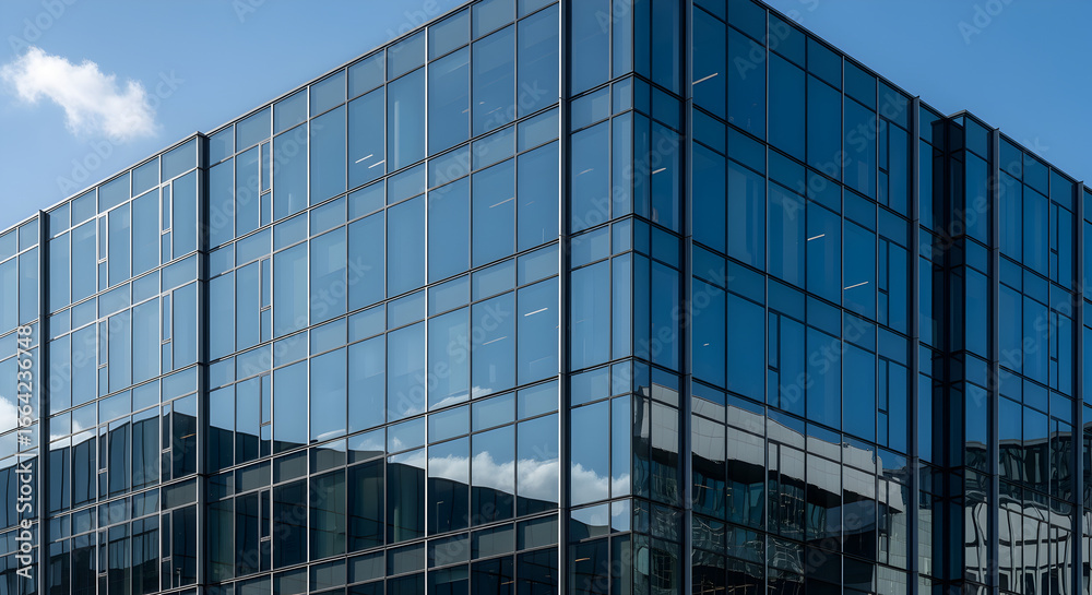 Sleek Modern Glass Office Building Reflecting Blue Sky and Clouds, Showcasing Contemporary Urban Architecture and Design Sleek Modern Glass Office Building Reflecting Blue Sky and Clouds, Showcasing Contemporary Urban Architecture and Design
