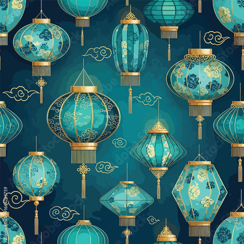 Seamless Pattern, Elegant turquoise and gold Chinese lanterns with cloud ornaments on a textured background Stock royalty free.