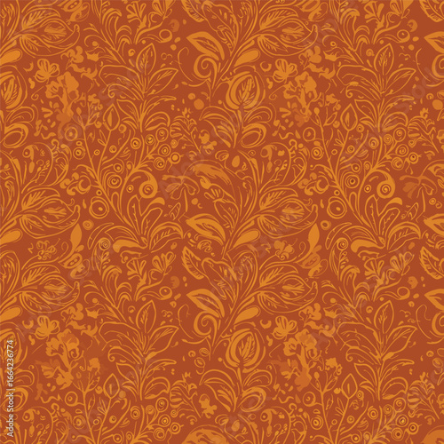 Seamless Pattern, Ornate floral pattern with swirling leaves and botanical elements in warm orange hues Stock royalty free  image.
