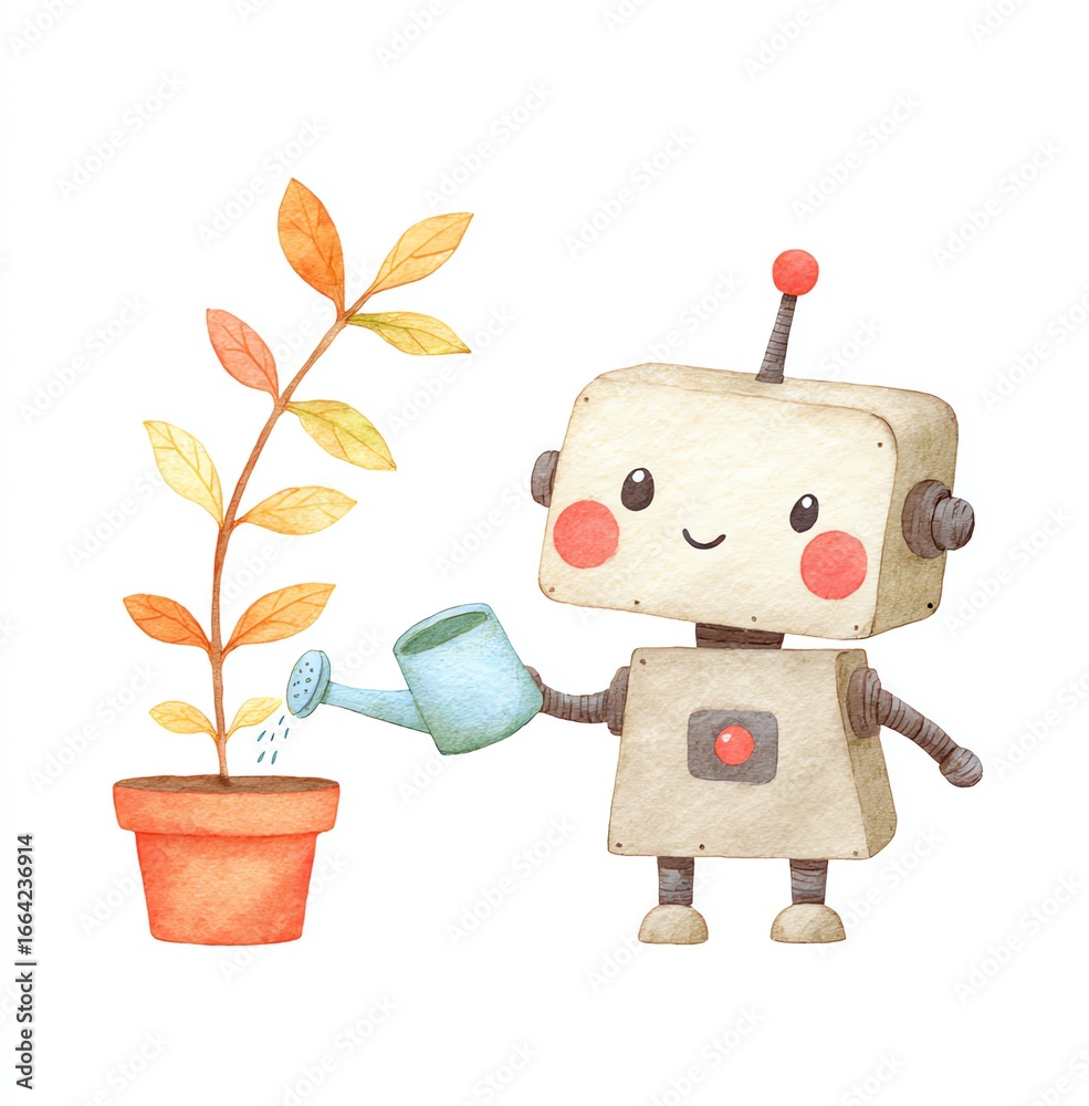 Naklejka premium Cute Robot Watering Plant