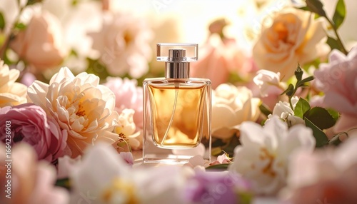 Amber perfume bottle surrounded by vibrant flowers including pink roses, daisies, and dahlias.