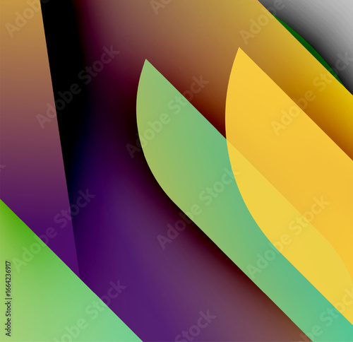 Abstract composition featuring overlapping colorful shapes. Gradient hues blend, creating dynamic visual effect. Smooth transitions dominate design.