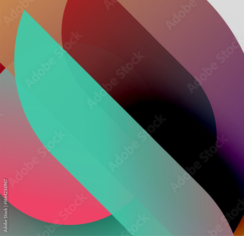 Abstract shapes overlap, creating vibrant color blends. Soft gradients suggest movement, depth. Composition feels modern, fluid.