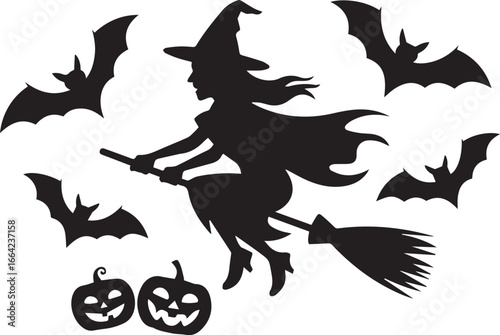 Flying Witch on Broomstick Halloween Silhouette with Pumpkins, and Bats