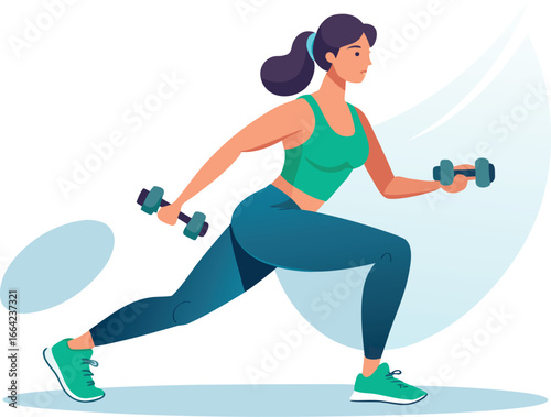 Woman is doing lunges with dumbbells isolated on white background to improve her strength and balance