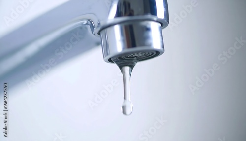 Close-up of a chrome faucet with a single water drop dripping