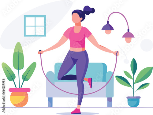 Woman exercising with skipping rope at home isolated on white background